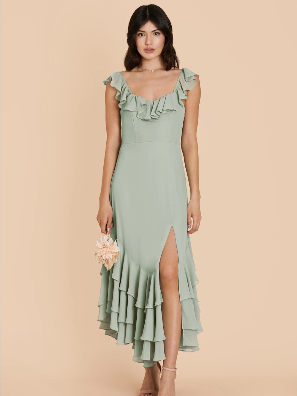 Birdy Grey Sage Ruffle Midi Dress with Side Slit